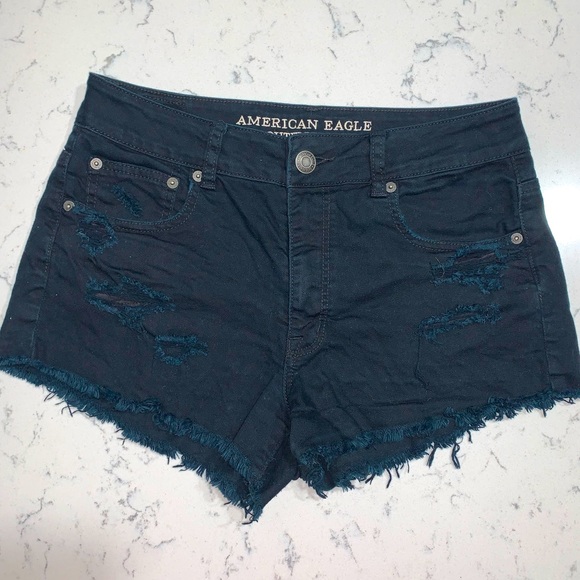 American Eagle high wasted, distressed, stretch, black jean shorts. - Picture 1 of 7